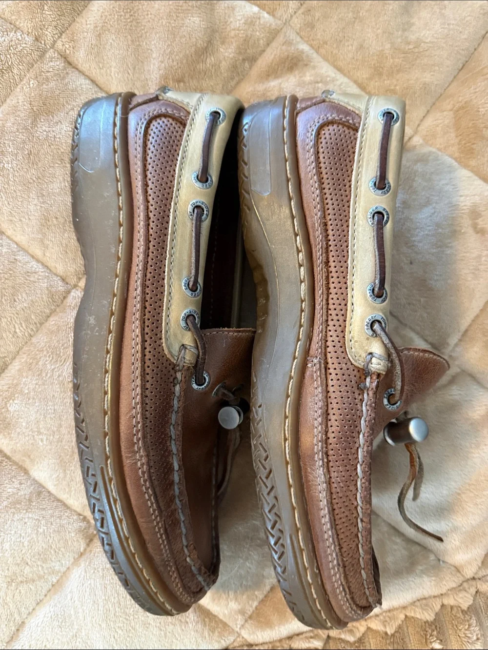 Sperry Men's Brown Leather Boat Shoes with Cream Trim